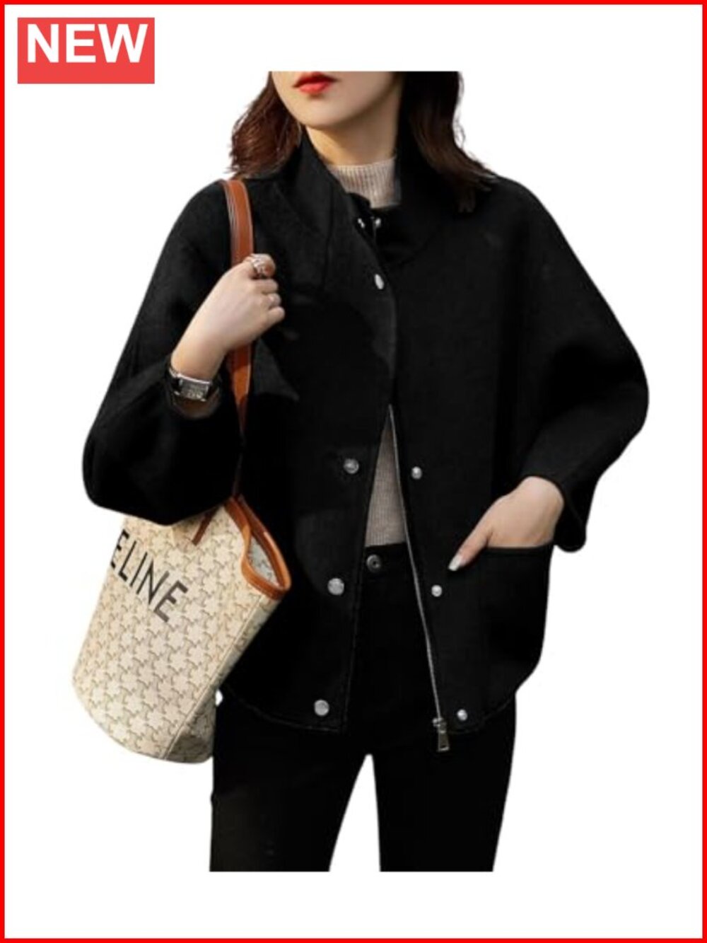 Women's Wool Blend Stand Collar Pea Coat with Pockets